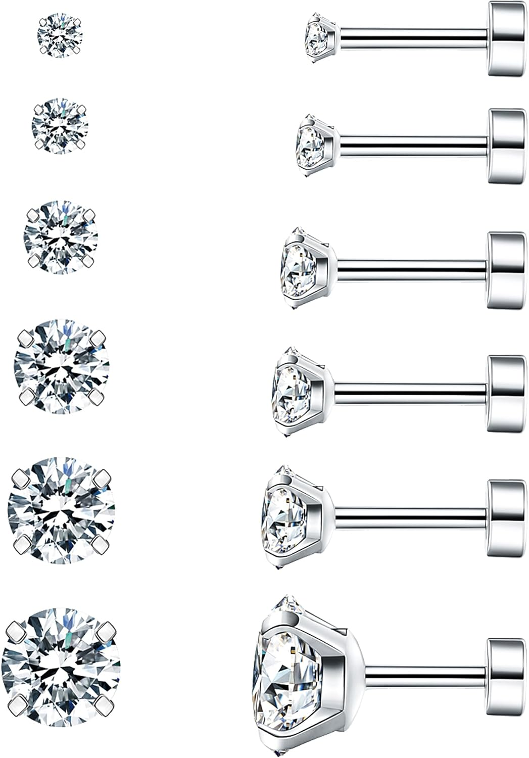 6 Pairs Hypoallergenic CZ Earrings Surgical Steel Flat Back Studs for Sensitive Ears