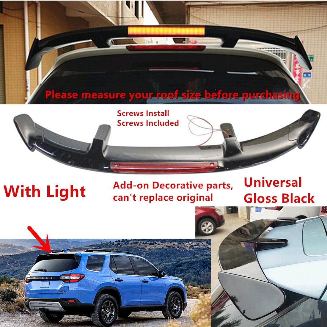 W/ Light Universal For 2023-2025 Honda Pilot Rear Window Roof