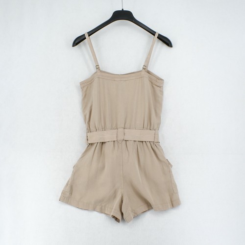 Pam & Gela Women Beige Sleeveless Button-Up Elastic Waist Sash Tie Belted Romper - Picture 8 of 9