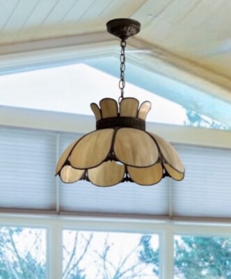 Vintage Flower Slag Glass Bronze Metal Hanging Chandelier Light Lamp Fixture 18 