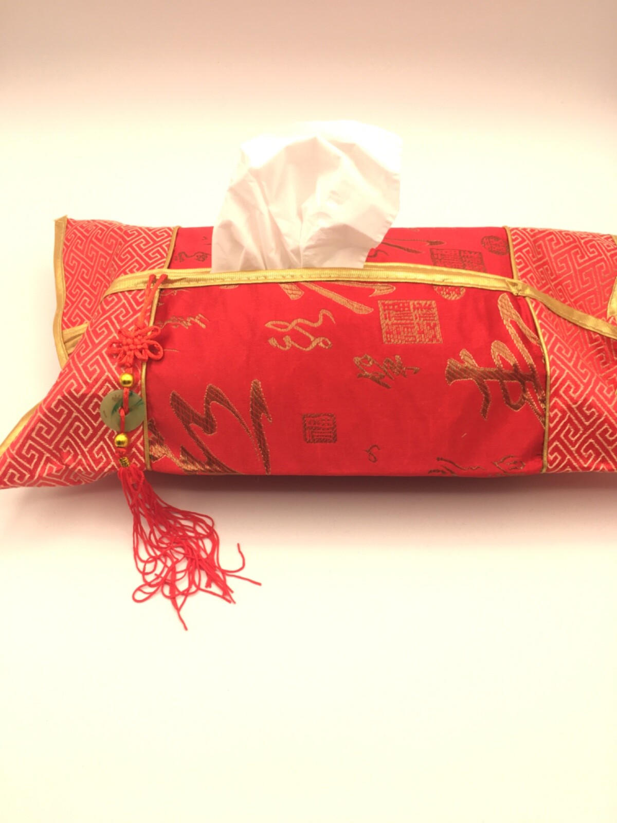 Red Silk Brocade Embroidery Chinese Characters Tassels  TISSUE BOX COVER
