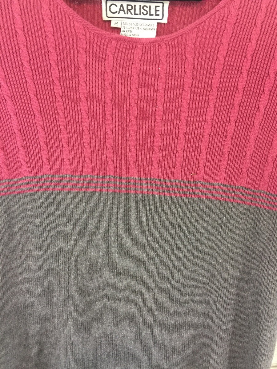 CARLISLE SILK/CASHMERE PINK GRAY CABLE KNIT LONG SLEEVE SWEATER