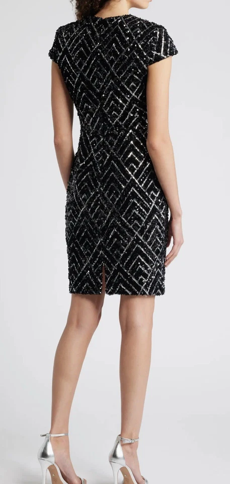Vestido de coquetel Vince Camuto 10 preto prata lantejoulas veludo comprimento joelho novo com etiquetas - Imagem 4 de 4