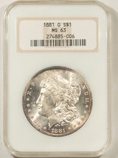 1881-O $1 MORGAN DOLLAR - NGC MS-63, FATTIE HOLDER & PRETTY!
