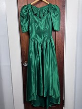 Vintage 80s Alfred Angelo Emerald Green Satin Prom Dress Puff Sleeve High Low S