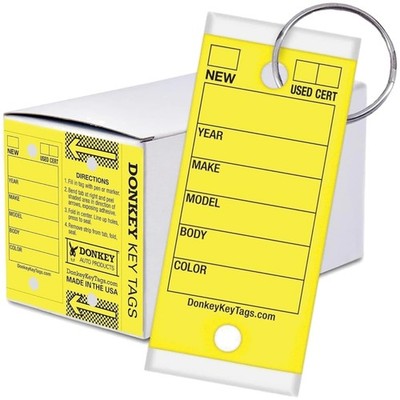 Durable Laminated Donkey Key Tags - 250 Yellow Self-Protecting Labels with Rings