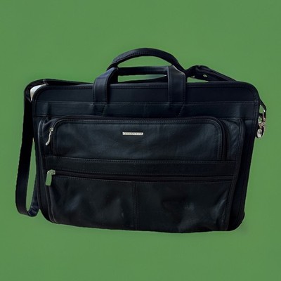Perry Ellis Black Leather Expandable Briefcase Laptop Bag 16x12x6 Inches