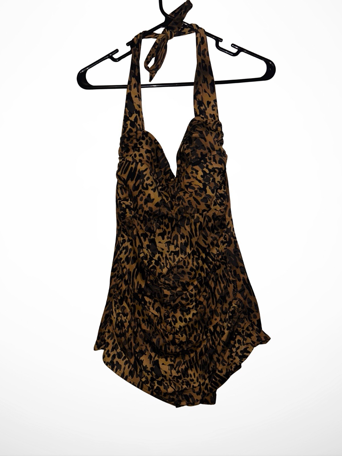 Suddenly Slim Catalina XL 16-18 1-Pc Halter Tie PinUp Ruched Leopard Swimsuit