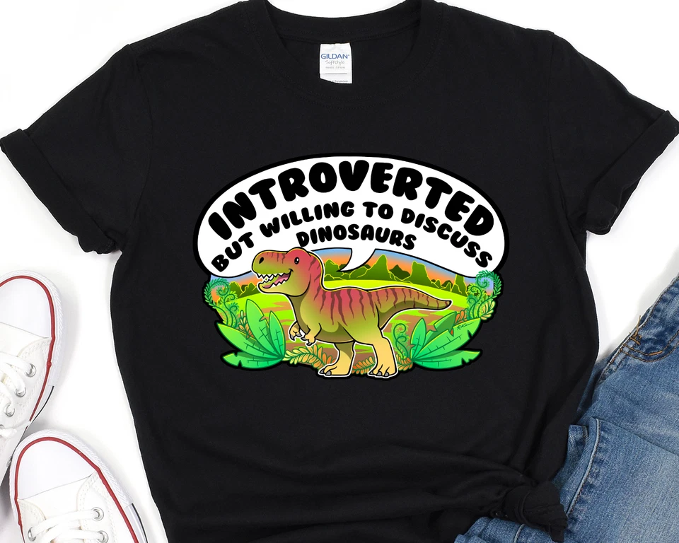Introvert Discuss Dinosaurs Cotton T-Shirt: T-Rex Design, Kids Ladies Mens Sizes - Image 2 of 4