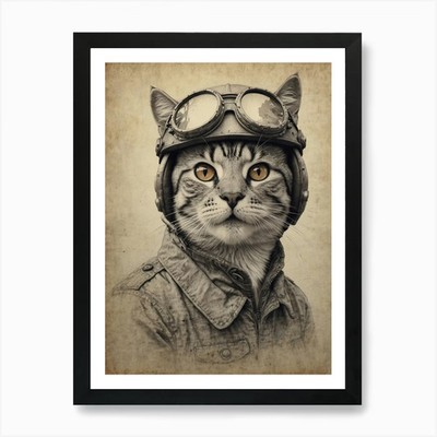 Pilot Katze 2 Kunstdruck gerahmt Wandbild Poster Leinwanddruck Bild