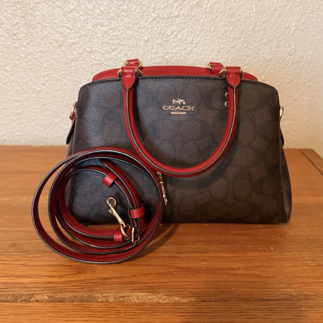 Coach Satchel Brown Red Logo Pattern Detachable Strap Top Handle