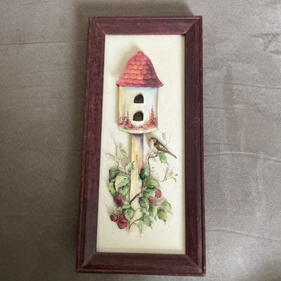 Vintage 3d Framed Papercraft Art Picture Bird Birdhouse Berry Scene MCM, Granny