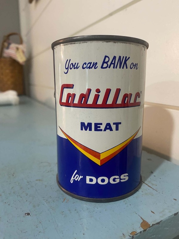 Vintage Cadillac Dog Food Meat Advertising Bank Can