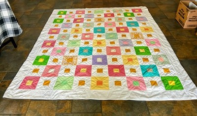 Vtg 70 s Hand Made & Quilted Polyester Double Knit Patchwork Quilt 99  X 83    