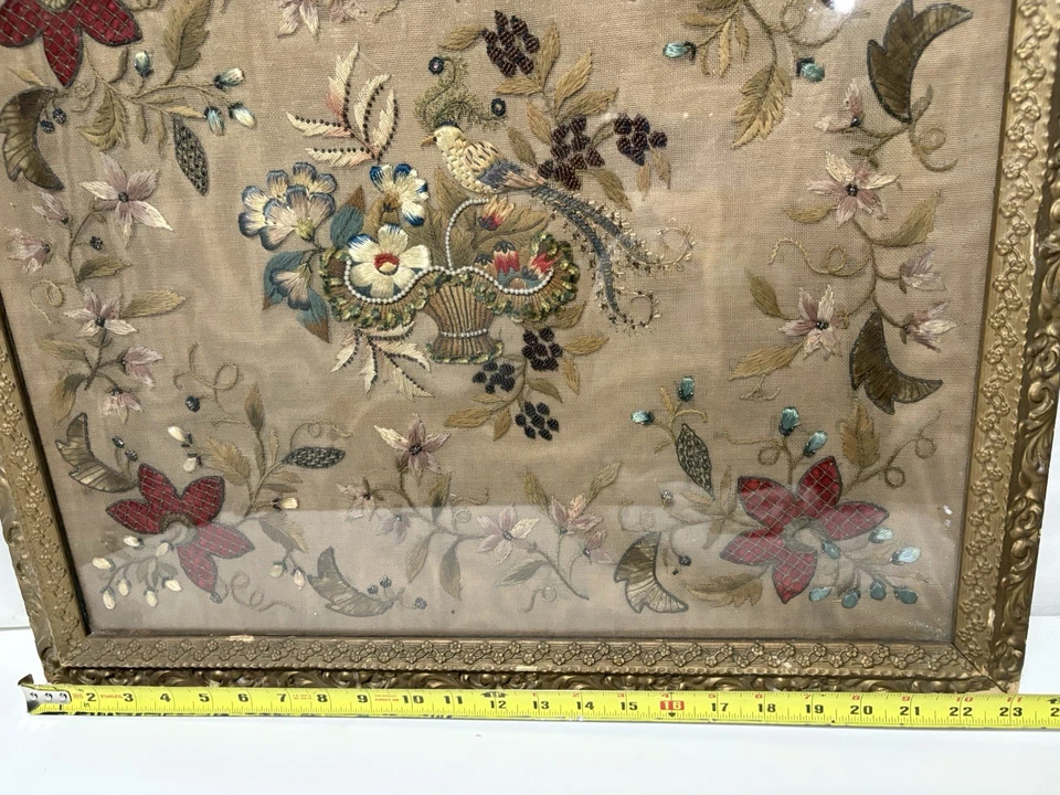 Victorian Era Silk Embroidery Lrg Framed Art Beaded Basket Bird Fruit 23” X 21” - Image 4 of 4