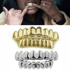 14K Gold Plated HipHop Teeth Grillz Top&Bottom Grill Set Bonus Wax*HIGH QUALITY
