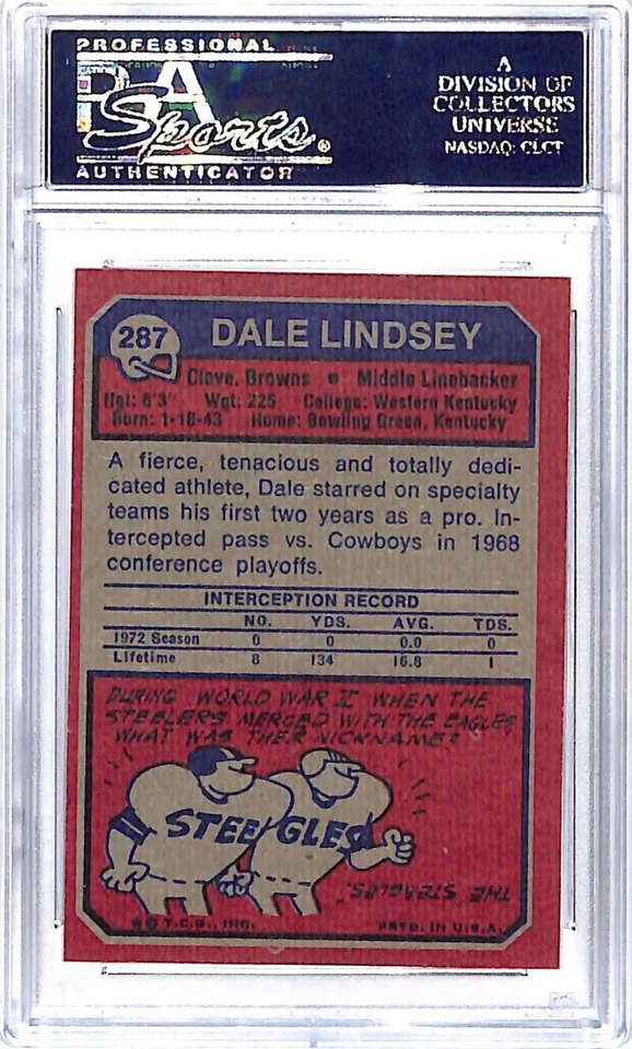 1973 Topps #287 Dale Lindsey Cleveland Browns Football Card PSA 9 MINT Pop 17 - Image 2 of 2