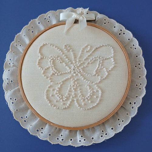 Vintage Butterfly Finished Embroidery Hoop French Knot w/ Trim 5” Diameter