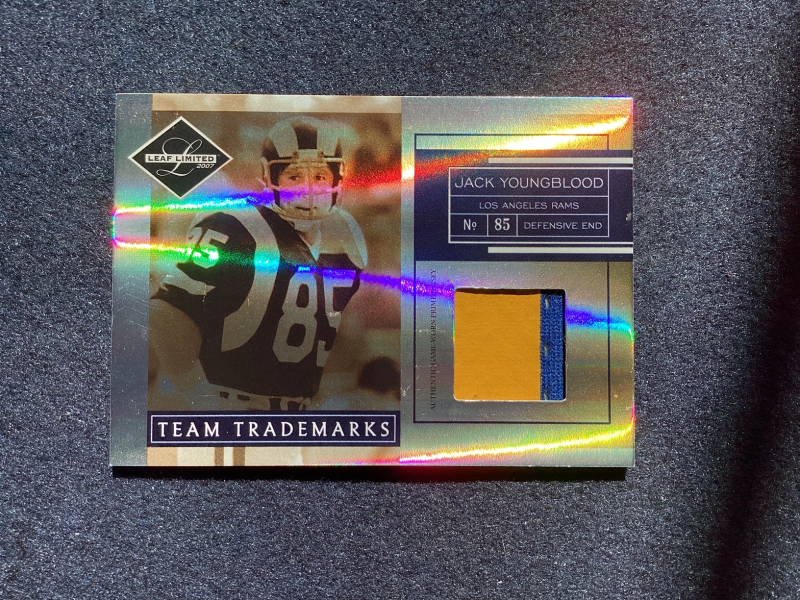 Jack Youngblood 2007 Donruss Game Used Jersey Card #14/50 lite blem near relic view 1