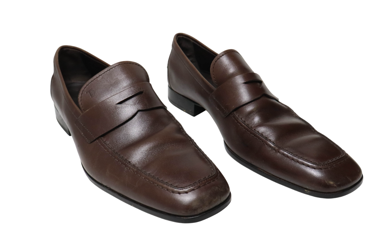 TOD'S Shoes Men's UK 8.5 Brown Pull-On Square Toe Loafers Low Top