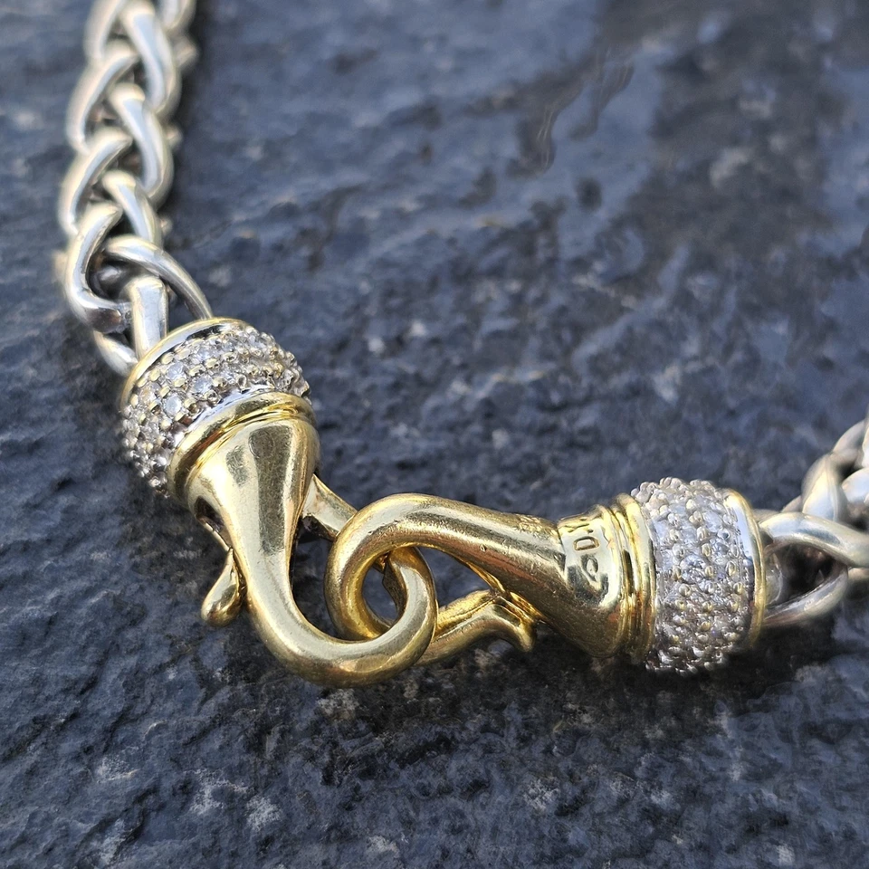 Collar de cadena de trigo con broche de diamantes de plata esterlina de oro de 18 quilates David Yurman 16" 54 g Foto 3 de 4