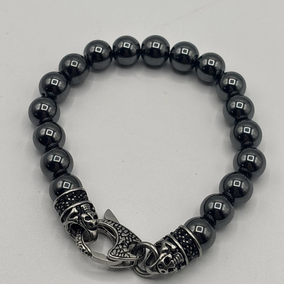 Blackjack Jewelry Men’s Genuine Hematite Stone Beaded Bracelet Skulls - Image 4 of 4