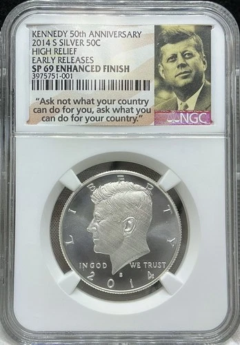 2014-S Kennedy Silver Half Dollar High Relief Enhanced Finish NGC SP69 50th Anni