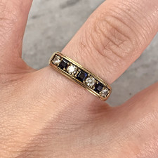 9 ct Gold Diamond & Blue Topaz Channel Set Band Ring 9k 375 Yellow Gold - Size M