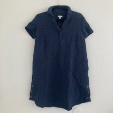 J Jill Gauzy Cotton Shirt Dress Split Neck Navy Blue Beach Coastal Breezy XS