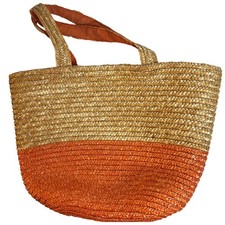 NEIMAN MARCUS Wheat Straw Colorblock Tote Orange Tan Summer Beach Bag