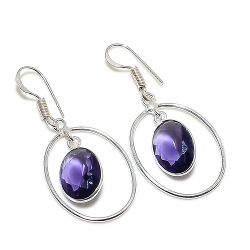 Boucles D'oreilles Pendantes En Argent 925 Et Améthyste - Fait Main En Inde - 4.5cm