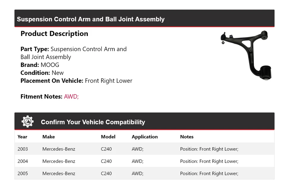 Brazo de control delantero derecho inferior MOOG 2003-2005 para Mercedes-Benz C240 AWD Foto 2 de 4