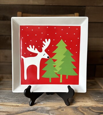 Crate Barrel Reindeer Platter 12” Square Christmas Tree Serving