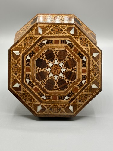 Vintage Moroccan Handmade Wood Inlaid Marquetry Jewelry Trinket Keepsake Box MOP - Picture 11 of 13