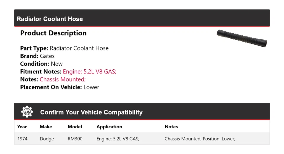 Manguera de refrigerante de radiador de gasolina para Dodge RM300 1974 5,2 L V8 puertas inferiores Foto 2 de 4