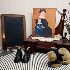 WOMAN CHILD DOG PORTRAIT SHABBY COLONIAL PRIMITIVE VICTORIAN VINTAGE STYLE SIGN