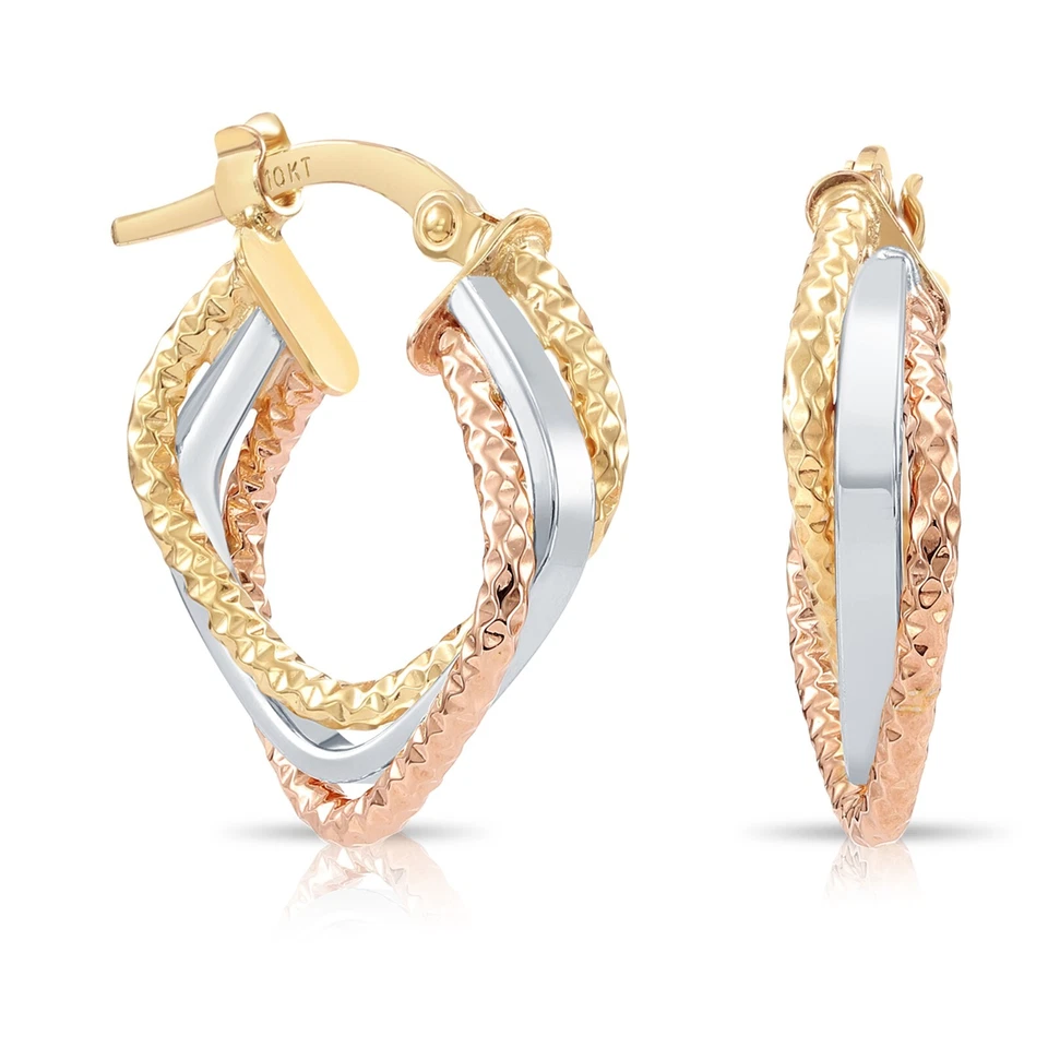 Серьги-кольца итальянские креольские квадратные тройные скрученные из чистого трехцветного золота 10 карат - Изображение 3 из 4