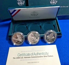 1994 U.S. Veterans Three Coin Silver Proof Dollar Set w/Box + COA