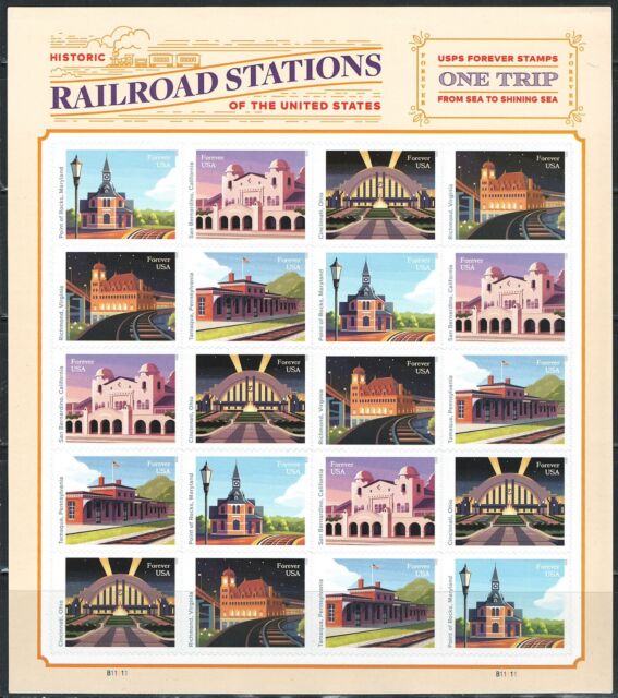 Mint US Railroad Stations Pane of 20 Forever Stamps Scott# 5758-5762 (MNH)