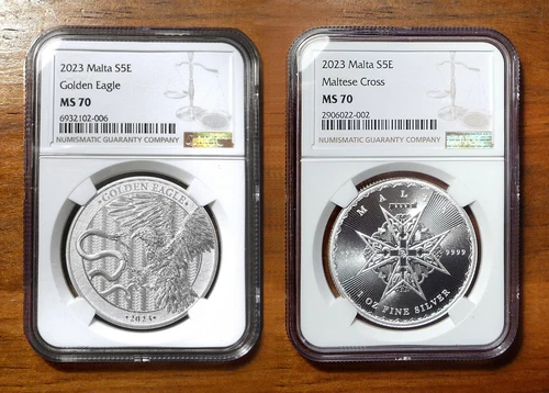 SET OF TWO 2023 Malta Silver 5 Euros ~ Golden Eagle & Maltese Cross NGC MS70