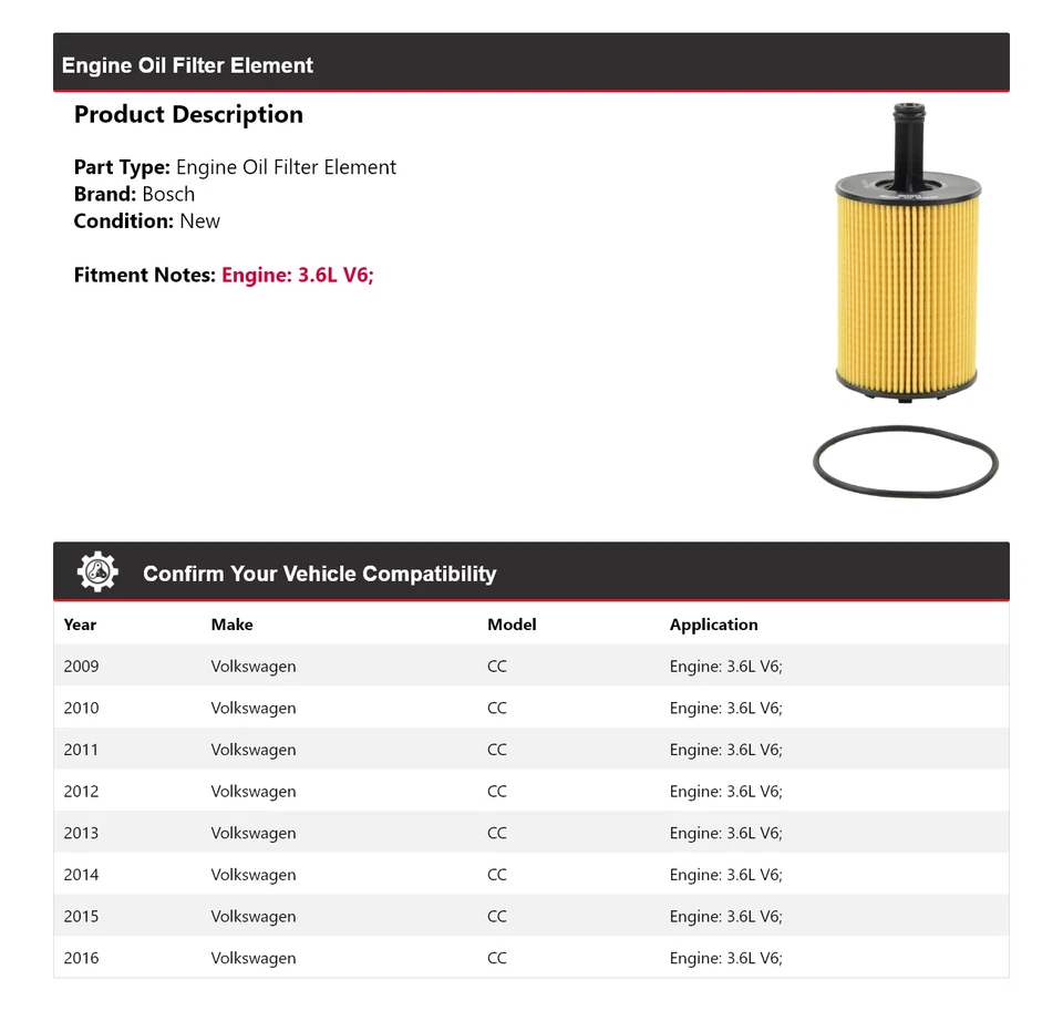 Elemento filtro aceite motor Bosch 3,6 L V6 2009-2016 Volkswagen CC 2010 2011 Foto 2 de 3