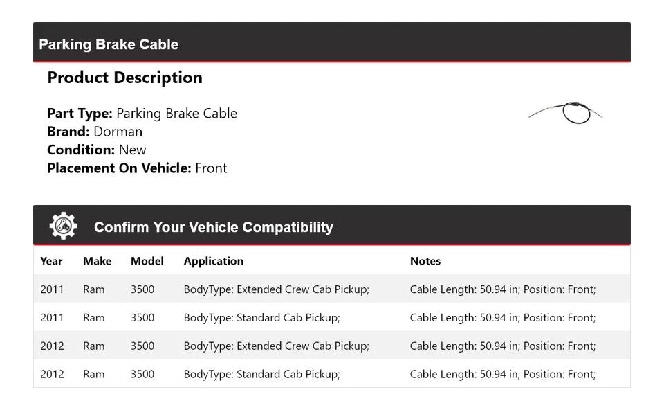 For 2011-2012 Ram 3500 Dorman Parking Brake Cable Front - Image 2 of 3