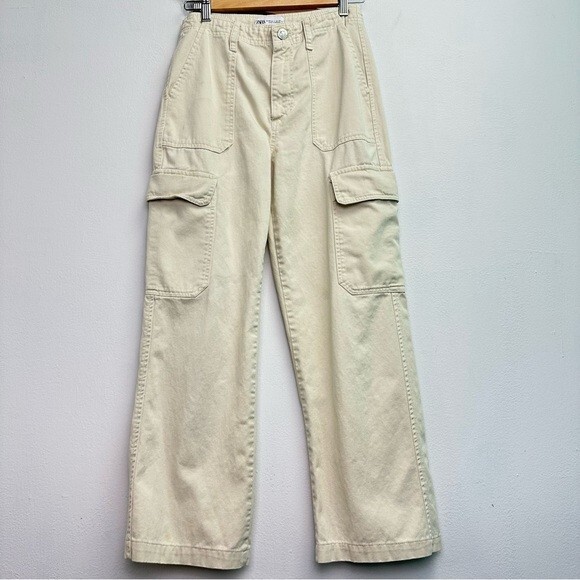 Zara Wide Leg Utility Cargo Pants Size 2 tan/cream | eBay