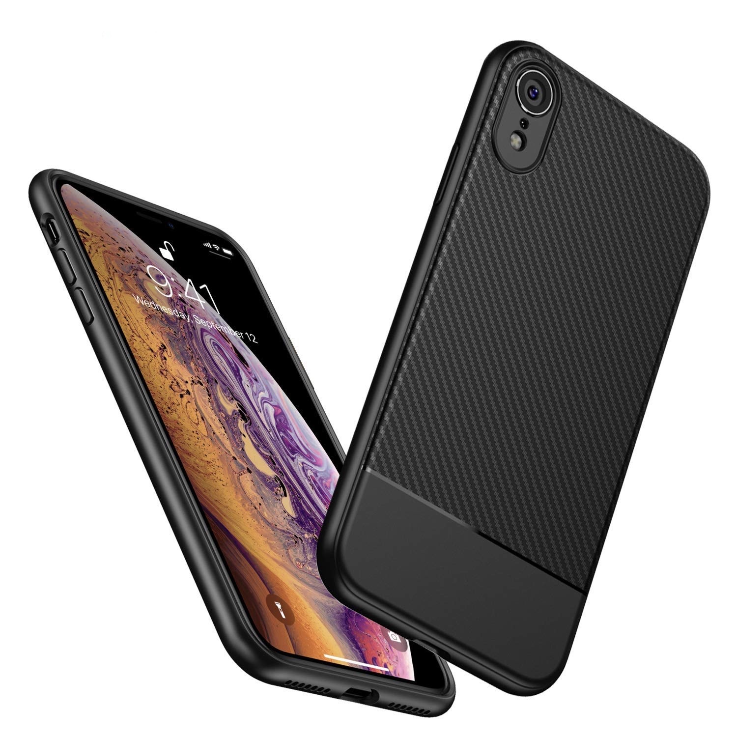 Custodia iPhone XR AVANA custodia protettiva silicone slim case nera cover effetto carbonio foto 2