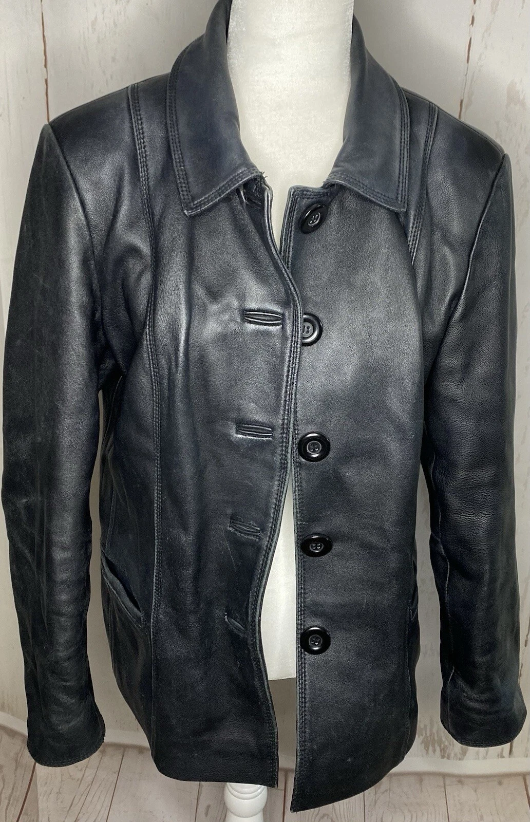 VETEMENTS Giacca donna pelle JACLYN SMITH L grande nera bottoni animale classica chic