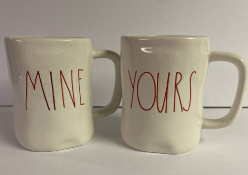 Rae Dunn &#034;YOURS And MINE” Mug Set, With Large Red Letters NEW No Box Rare