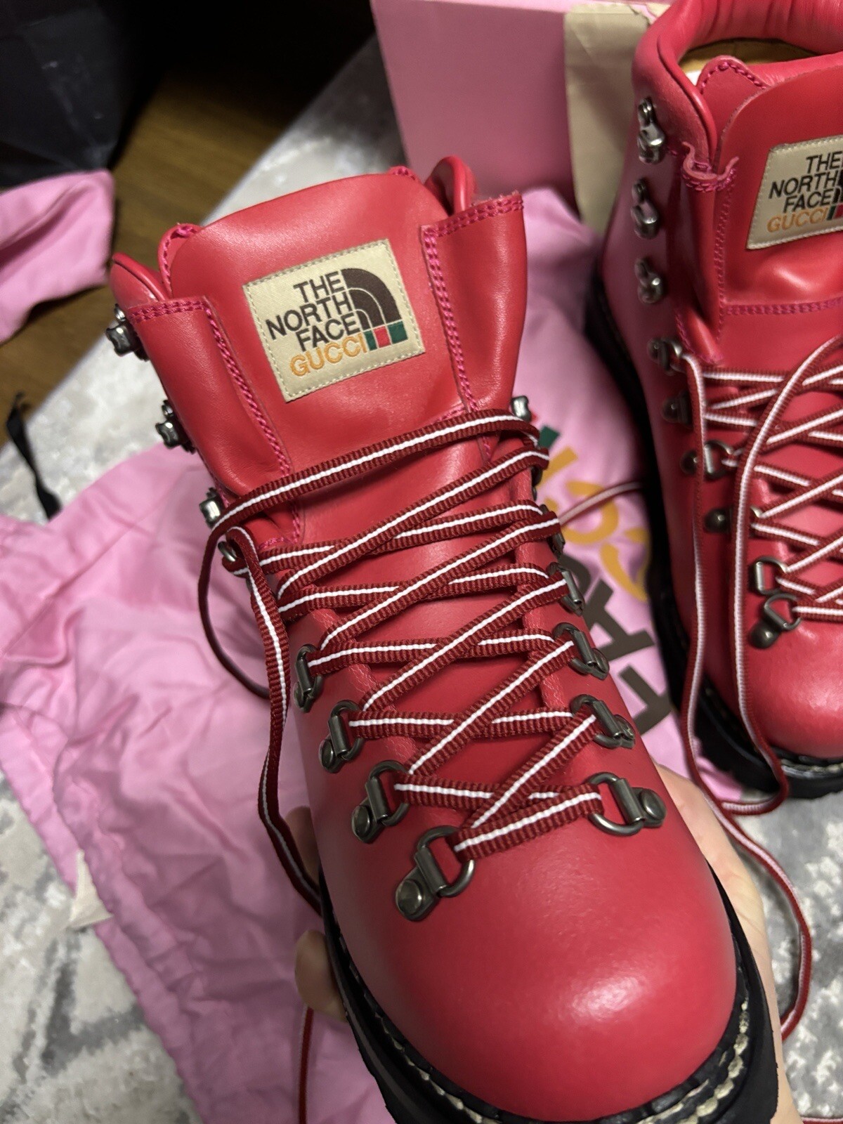 Women Gucci X north face leather hiking boots size 8.5 made in Italy Red Color image 3