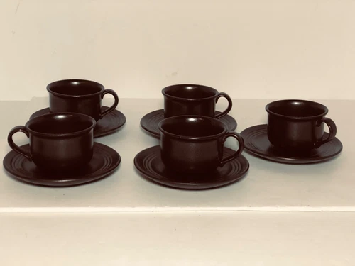 Vtg Hoganas Keramik Stoneware Set of 5 Coffee Demi Cups Saucers Brown MCM Sweden