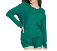 Women’s Stars Above Long Sleeve Henley Pajama TOP ONLY Green Size M NEW!