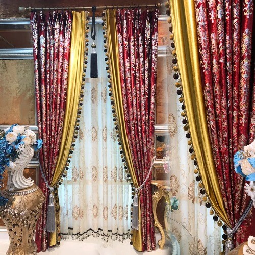Red Velvet Curtain for Living Room Golden Flower Patchwork bedroom ...
